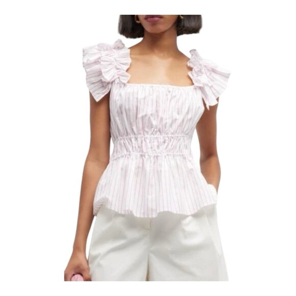 Harshman Alize Striped Ruffle Trim Peplum Linen Blouse Top Medium Pink White - Picture 1 of 7